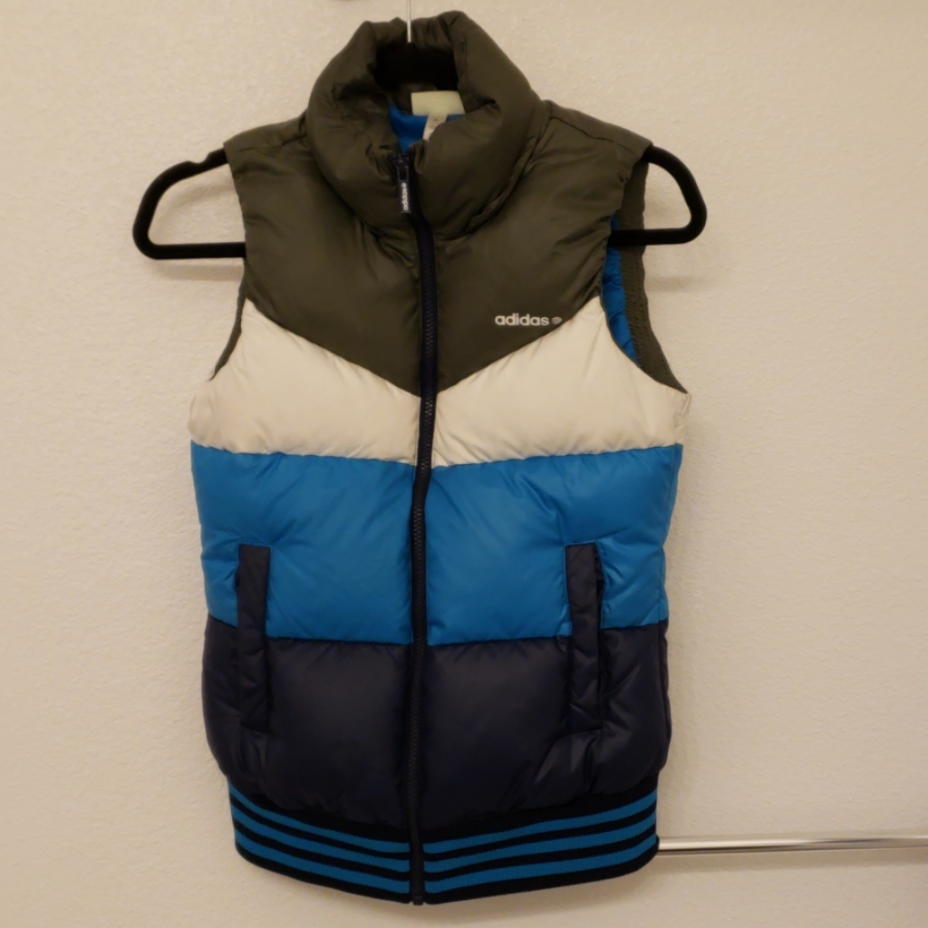 Adidas Women's Colorblock Puffer Vest In Olive, Blue & White